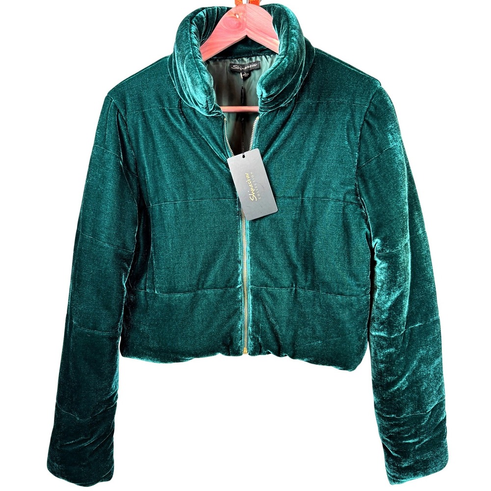 Shinestar Velvet Puffer Jacket Womens L Emerald Green Cropped NWT Gold Zip